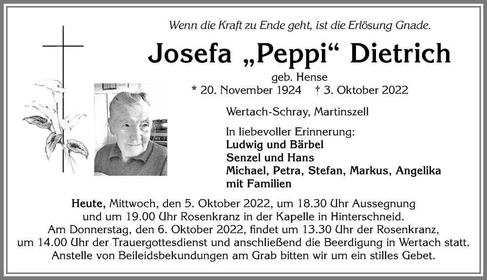  Traueranzeige für Josefa Dietrich vom 05.10.2022 aus Allgäuer Anzeigeblatt