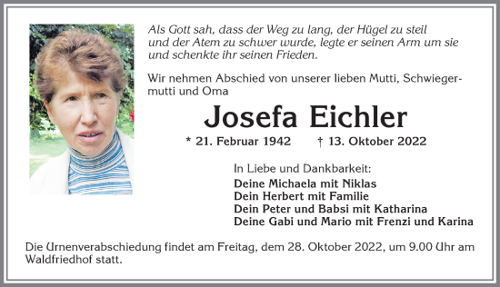 Traueranzeige von Josefa Eichler von Allgäuer Zeitung, Kaufbeuren/Buchloe