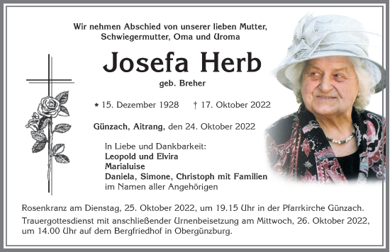 Traueranzeige von Josefa Herb von Allgäuer Zeitung, Marktoberdorf