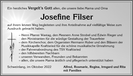 Traueranzeige von Josefine Filser von Allgäuer Zeitung, Marktoberdorf