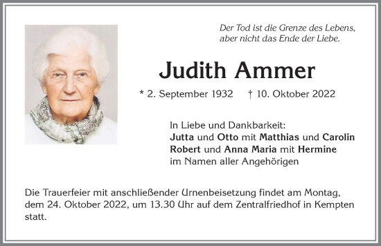Traueranzeige von Judith Ammer von Allgäuer Zeitung,Kempten