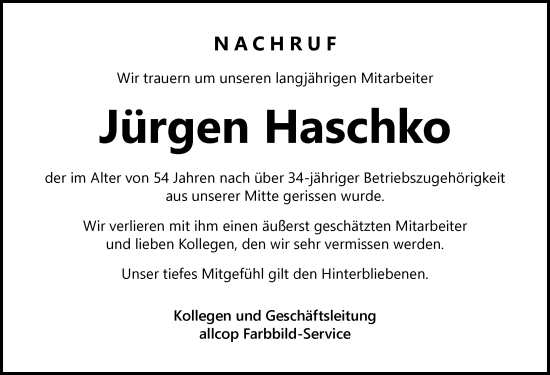Traueranzeige von Jürgen Haschko von Der Westallgäuer