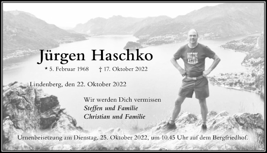 Traueranzeige von Jürgen Haschko von Der Westallgäuer