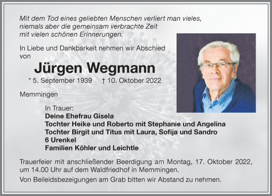 Traueranzeige von Jürgen Wegmann von Memminger Zeitung
