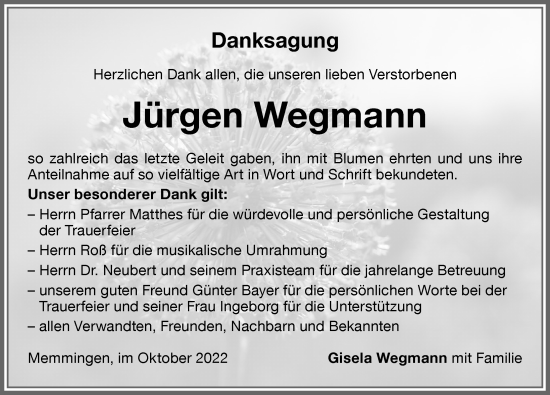 Traueranzeige von Jürgen Wegmann von Memminger Zeitung