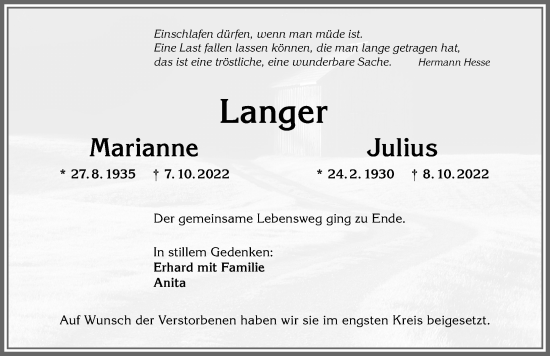 Traueranzeige von Julius Langer von Allgäuer Anzeigeblatt