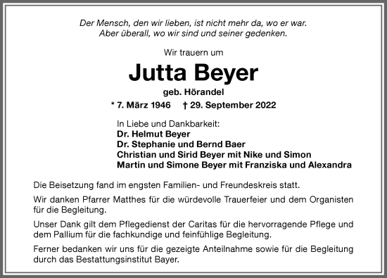 Traueranzeige von Jutta Beyer von Memminger Zeitung