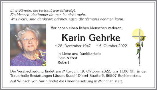 Traueranzeige von Karin Gehrke von Allgäuer Zeitung, Kaufbeuren/Buchloe