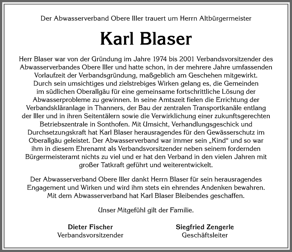  Traueranzeige für Karl Blaser vom 29.10.2022 aus Allgäuer Anzeigeblatt