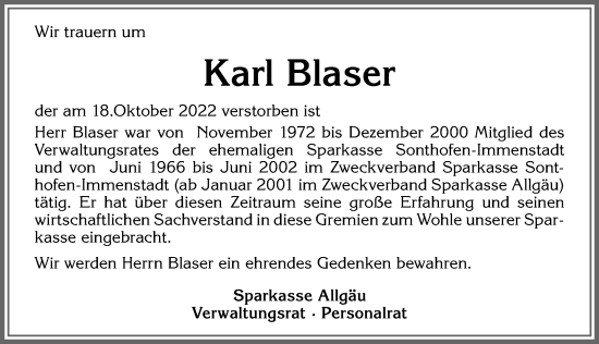 Traueranzeige von Karl Blaser von Allgäuer Anzeigeblatt