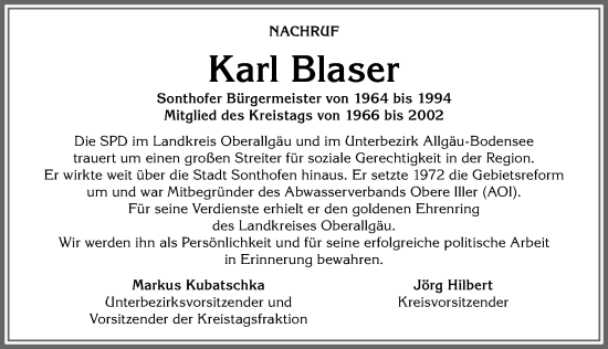 Traueranzeige von Karl Blaser von Allgäuer Anzeigeblatt