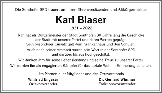 Traueranzeige von Karl Blaser von Allgäuer Anzeigeblatt