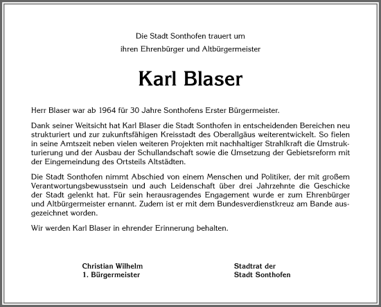 Traueranzeige von Karl Blaser von Allgäuer Anzeigeblatt