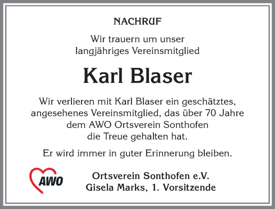 Traueranzeige von Karl Blaser von Allgäuer Anzeigeblatt