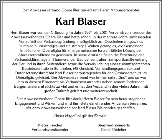 Traueranzeige von Karl Blaser von Allgäuer Anzeigeblatt