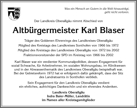 Traueranzeige von Karl Blaser von Allgäuer Zeitung,Kempten