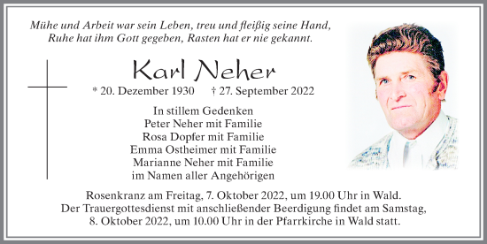 Traueranzeige von Karl Neher von Allgäuer Zeitung, Marktoberdorf