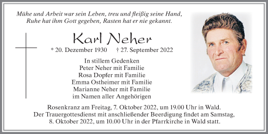 Traueranzeige von Karl Neher von Allgäuer Zeitung, Marktoberdorf