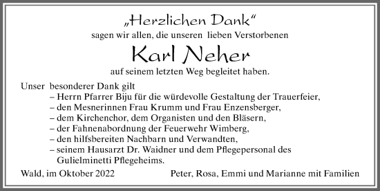 Traueranzeige von Karl Neher von Allgäuer Zeitung, Marktoberdorf