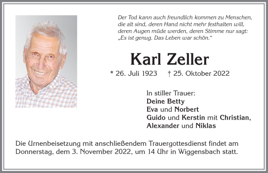 Traueranzeige von Karl Zeller von Allgäuer Zeitung,Kempten