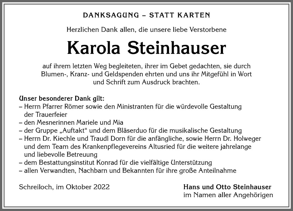  Traueranzeige für Karola Steinhauser vom 08.10.2022 aus Allgäuer Zeitung,Kempten