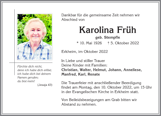 Traueranzeige von Karolina Früh von Memminger Zeitung