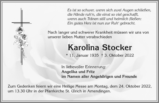 Traueranzeige von Karolina Stocker von Memminger Zeitung