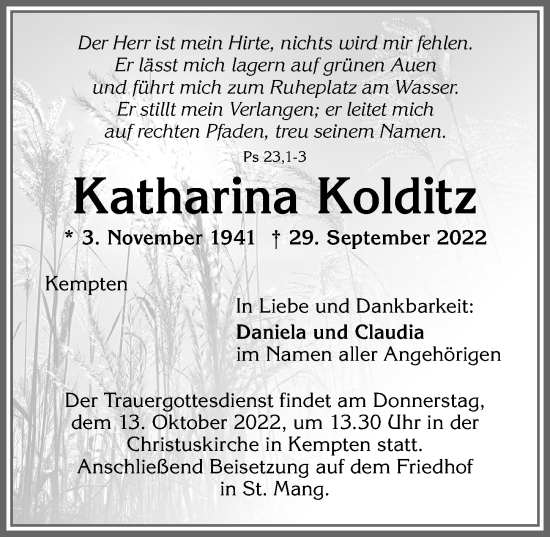 Traueranzeige von Katharina Kolditz von Allgäuer Zeitung,Kempten