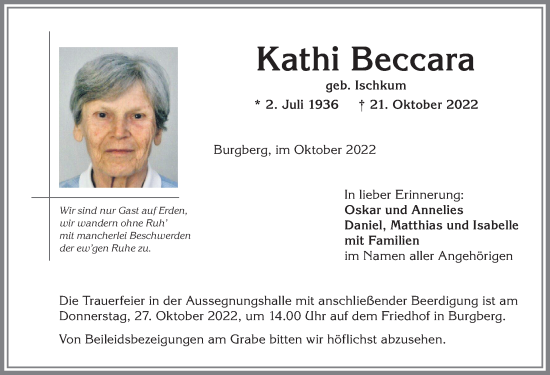 Traueranzeige von Kathi Beccara von Allgäuer Anzeigeblatt