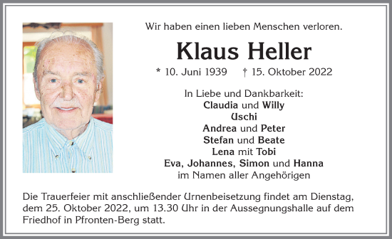 Traueranzeige von Klaus Heller von Allgäuer Zeitung, Füssen