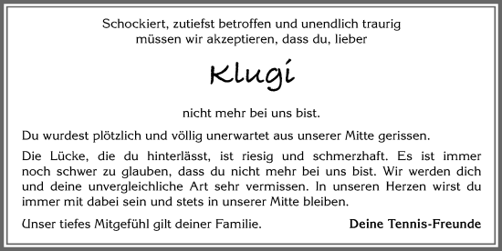 Traueranzeige von Klugi  von Allgäuer Zeitung, Füssen