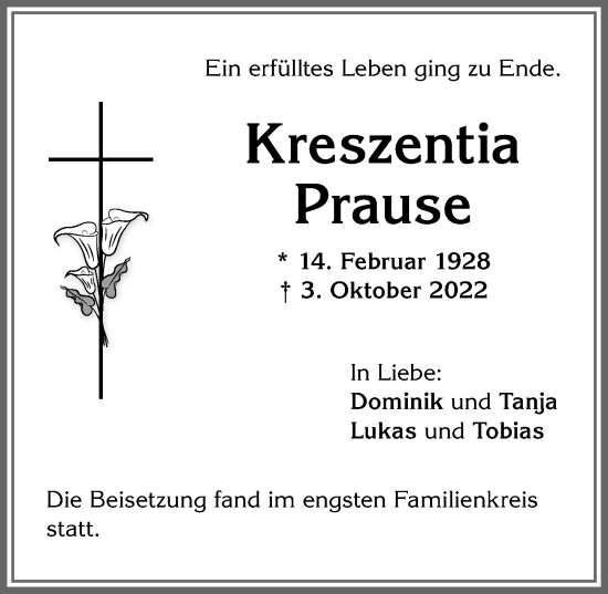 Traueranzeige von Kreszentia Prause von Allgäuer Zeitung,Kempten