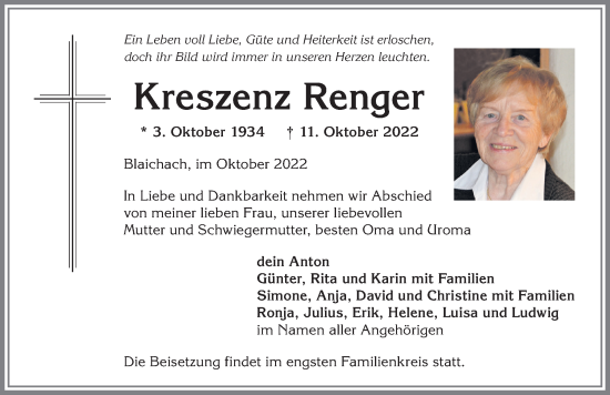 Traueranzeige von Kreszenz Renger von Allgäuer Anzeigeblatt