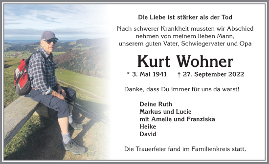 Traueranzeige von Kurt Wohner von Allgäuer Anzeigeblatt