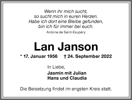 Traueranzeige von Lan Janson von Memminger Zeitung
