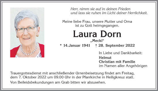 Traueranzeige von Laura Dorn von Allgäuer Zeitung,Kempten