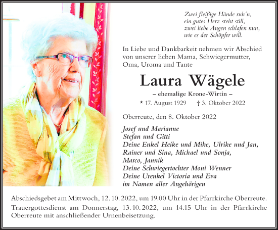 Traueranzeige von Laura Wägele von Der Westallgäuer