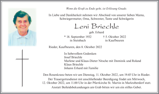 Traueranzeige von Leni Briechle von Allgäuer Zeitung, Kaufbeuren/Buchloe