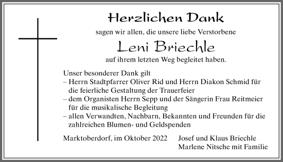 Traueranzeige von Leni Briechle von Allgäuer Zeitung, Marktoberdorf