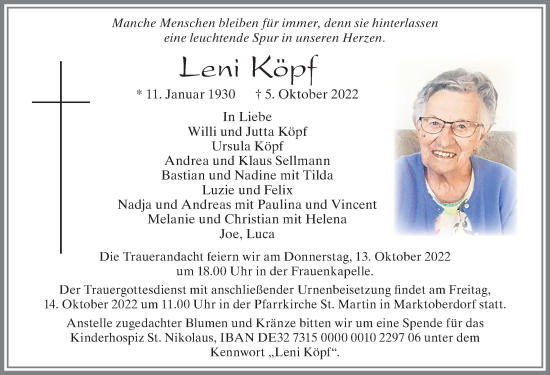 Traueranzeige von Leni Köpf von Allgäuer Zeitung, Marktoberdorf