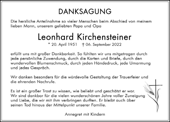 Traueranzeige von Leonhard Kirchensteiner von Memminger Zeitung