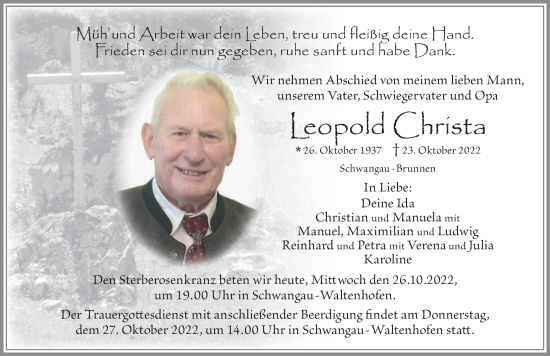 Traueranzeige von Leopold Christa von Allgäuer Zeitung, Füssen
