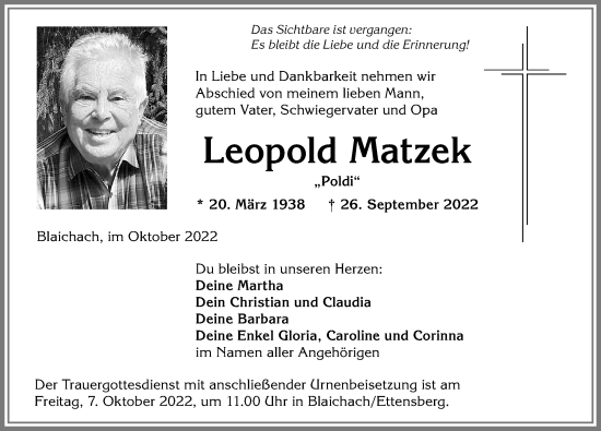 Traueranzeige von Leopold Matzek von Allgäuer Anzeigeblatt
