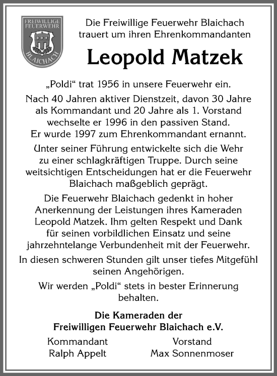 Traueranzeige von Leopold Matzek von Allgäuer Anzeigeblatt