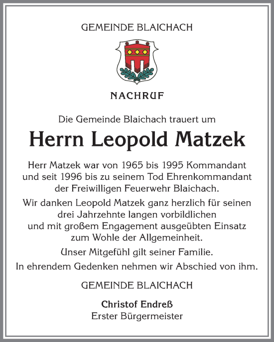 Traueranzeige von Leopold Matzek von Allgäuer Anzeigeblatt