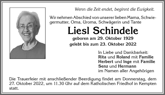 Traueranzeige von Liesl Schindele von Allgäuer Zeitung,Kempten