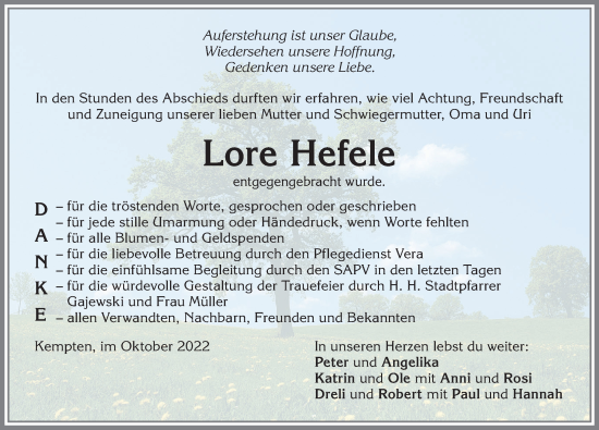Traueranzeige von Lore Hefele von Allgäuer Zeitung,Kempten