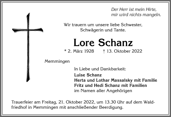 Traueranzeige von Lore Schanz von Memminger Zeitung