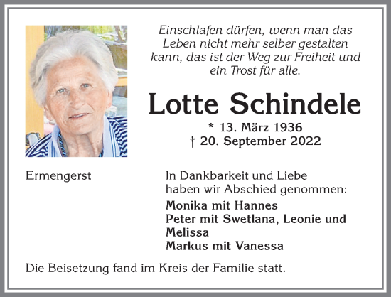 Traueranzeige von Lotte Schindele von Allgäuer Zeitung,Kempten
