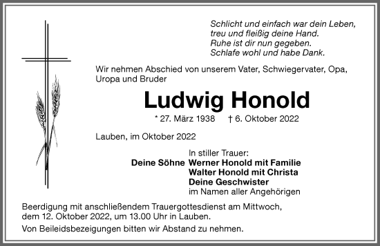 Traueranzeige von Ludwig Honold von Memminger Zeitung